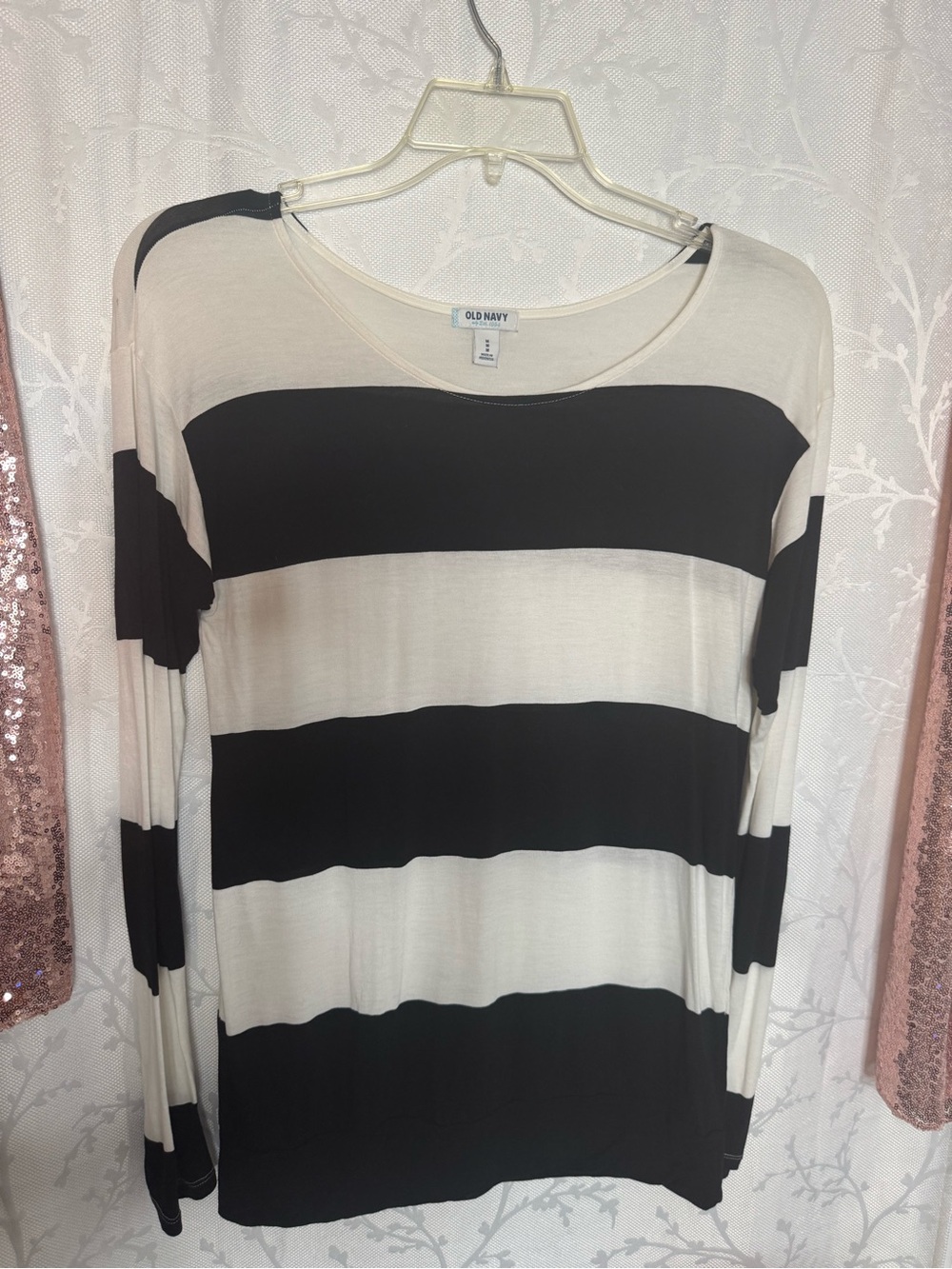 Old Navy Cream and Black Wide-Strip Long Sleeve Tee